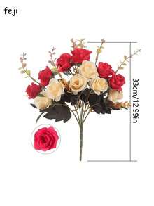 1束红玫瑰假花丝绸花适用于室内外家居房间墙壁办公室阳台厨房和餐厅装饰，仿真花塑料植物无需花瓶人造花适用于花园婚礼波西米亚风节日花瓶装饰，人造花可作为生日礼物母亲节春夏庭院节日圣诞节万圣节装饰派对用品