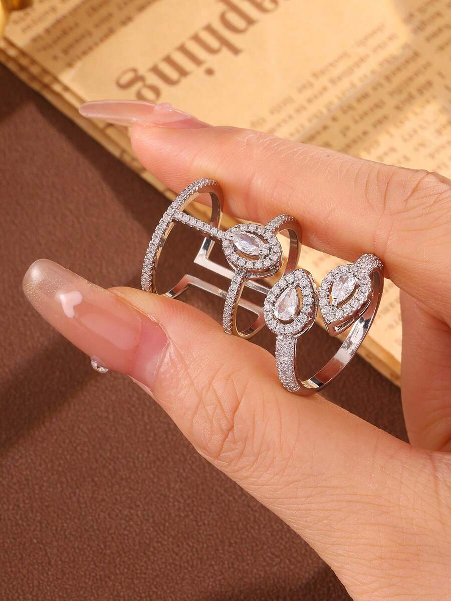 rakol Bộ 2 chiếc nhẫn bạc thời trang & đá CZ tròn trang trí cho nữ - Phong cách 2 - Xem 1