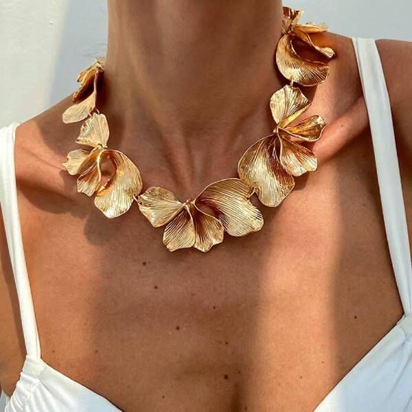 1 pieza Collar de mujer vintage con decoración de flores y hojas de metal estilo europeo estadounidense, joyería punk exagerada y pesada