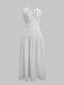 Polka Dot Splice Asymmetrical Neck Tie Backless A-Line Dress For Summer Holiday - White - View 2