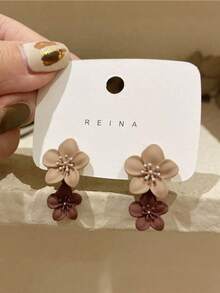 1 对时尚喷漆花卉深棕色耳环，优雅优质女士耳环，适合日常休闲佩戴 - 彩色 - 查看 3
