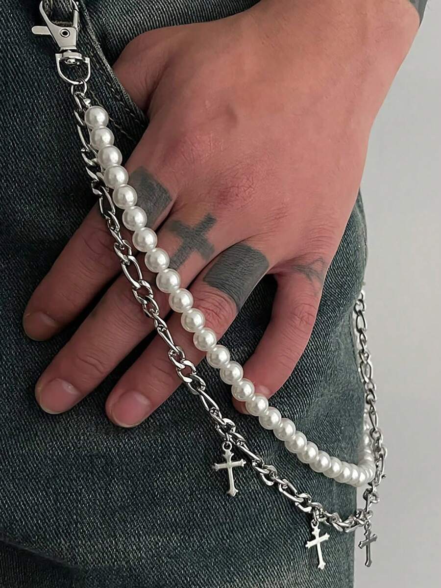 Łańcuch do spodni dżinsowych Pearl Cross, styl vintage punk, uniwersalny, męski łańcuch do ciała, stal nierdzewna, łańcuszek na talię - Srebro - Zobacz 1