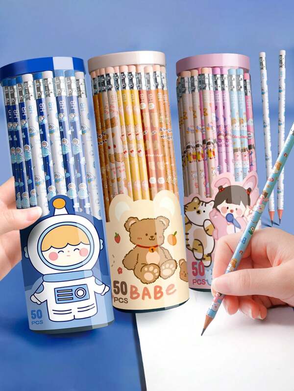 50 pièces/set Crayons de couleur dessin animé, design ergonomique créatif avec gommes, convient pour les étudiants pour dessiner, écrire, croquis, cadeau de rentrée scolaire