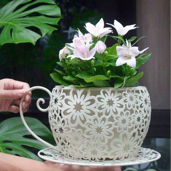 1 PC Vintage American Country Style Patio Planter Hollowed Out Metal Planter Suitable For Succulents & Flowers Coffee Mugs Design Garden Iron Decorations Lightweight Garden Shape Planter For Indoor & Outdoor Use Indoor & Outdoor Planter With Floral Patterns Vintage Coffee Mugs Designs Irregular Planter