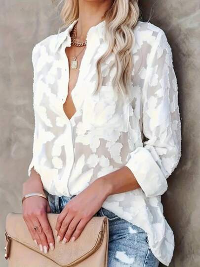 Plus Size Women Casual Jacquard Blouse, Loose Textured White Long Sleeve Shirt, Suitable For Autumn, Back To School, Daily Wear, Vacation