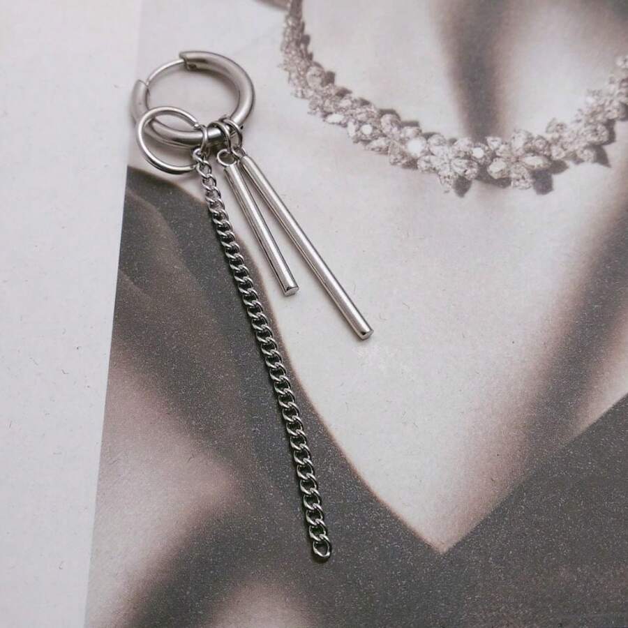 One Long Stainless Steel Tassel Earring For Men - Silver - View 1