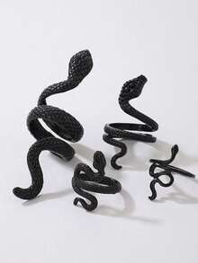 Set de 4 anillos con forma de serpiente, anillo vintage punk con estampado geométrico de serpiente en estilo exagerado - Negro - Ver 3