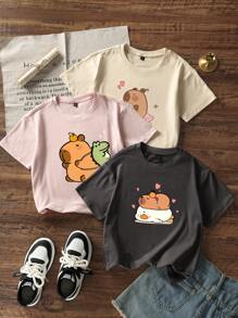 Set de 3 camisetas de cuello redondo de manga corta con estampado casual para niñas, tops de verano para adolescentes y estudiantes