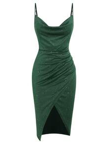 Elegant Women's Shiny Draped Neck Mesh Cocktail Dress, Romantic For Cocktail Party, Nightclub, Prom, Spring/Summer Outings - Dark Green - View 7