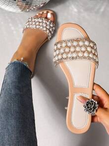 女士时尚休闲系带凉鞋，夏季舒适平底一脚蹬沙滩拖鞋 - 米色 - 查看 1