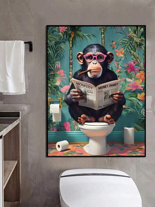 1pc Frameless Canvas Poster "Charming Monkey Reading Newspaper On Toilet" | Funny Bathroom Decor | Nordic Botanical Home Decor | Humorous Wall Decor & Wall Art | Posters Gift For Bathroom