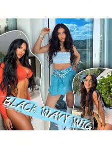 Synthetic Lace Wigs For Women Middle Parting 26inch Long Wavy Hair Black Color Optional High Temperature Fiber - màu đen - Xem 3