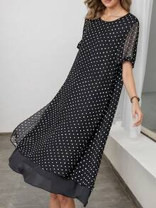 Women's Polka Dot Pattern Long Chiffon Wrap Dress, Layered Design, Elegant For Daily Outings, Commuting, Home & Leisure - Black - View 4