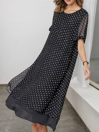 Women's Polka Dot Pattern Long Chiffon Wrap Dress, Layered Design, Elegant For Daily Outings, Commuting, Home & Leisure