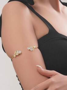 1pc Leaf Zirconia Openwork Cuff Bracelet, Fashionable Summer Accessory