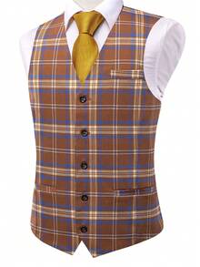 Chaleco casual de hombre a cuadros con botones - Naranja - Ver 3