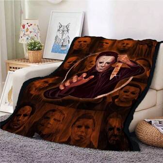 1pc Classic Horror Halloween Themed Blanket, Featuring Halloween Print, Horror Style, Made Of Flannel Material, Soft Texture, Provides Warmth, Practical Throw Blanket For Bedroom, Living Room, Suitable For Halloween Decor And Horror Themed Parties, Enhances Spooky Atmosphere.