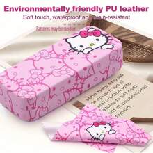 Sanrio 2 pièces Étui à lunettes Hello chat, Chiffon de nettoyage de lunettes Hello chat, Coffret de rangement 2 pièces pour Lunettes modes avec chiffon de nettoyage de lunettes, Etui à lunettes, Monture de lunettes, Etui à lunettes, Accessoires de lunettes unisexes Conception charmante Boîte de rangement de lunettes portable en matériau PU résistant à la pression