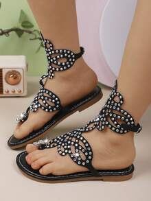 1 Pair Shiny Fashion New Summer Chinese Knot Design Girls' Rhinestone Decor Flat Sandals, Suitable For Children Aged 3-15 Years Old For Outdoor, Travel, Beach, Party & Performance - Black - View 3