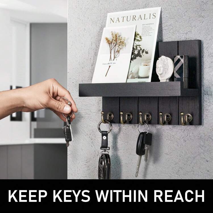 Estante de llaves de pared decorativo - Ganchos de llaves de estilo rústico con estante de almacenamiento y organizador de correo, adecuado para la decoración de pared de estilo de granja en la sala de estar - Artículos esenciales para el hogar (Marrón, 3.54 pulgadas X 10 pulgadas X 7.28 pulgadas) - Multicolor - Añade 5