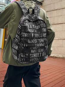 Casual Large Capacity English Numeral Graffiti Contrast Color Multi-Pocket Functional Backpack, Unisex, Suitable For School, Commuting, Shopping, Travel