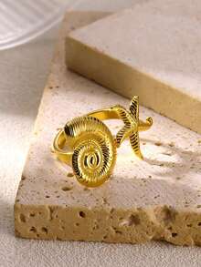 Elegant Big Bloom Flower Stainless Steel Ring, Conch Starfish Adjustable Open Rings For Women, 18K Gold-Plated Wedding Jewelry Aesthetic Beach Vacation Daily Wear Accessories Gifts - Stainless Steel - View 7