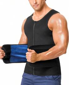 Men 2 In 1 Sauna Suit Waist Trainer Sauna Sweat Shirt Band Fat Burner Tummy Control Tank Tops Weight Loss Body Shaper Zipper Vest - 黑色 - 查看 9