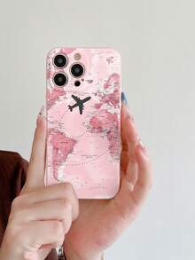 Compatible With Apple 17 16 15 14 13 12 11 Pro Max/Redmi/OPPO/Realme/Infinix Series, Pink Map Travel Pattern Design Pink Straight Edge TPU Phone Case, Anti-Drop, Portable - Pink - View 8