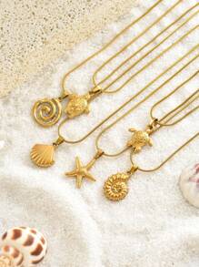 1 Peça Colar Elegante e Luxuoso com Pingentes em Forma de Tartaruga do Mar, Estrela-do-Mar e Concha, Banhado a Ouro 18K, Aço Inoxidável, À Prova D'água, Elegante e Versátil, Adequado para Mulheres