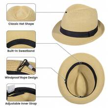 Straw Fedora Hat For Women & Men Foldable Short Brim Trilby Beach Sun Hat - Màu Khaki - Xem 4