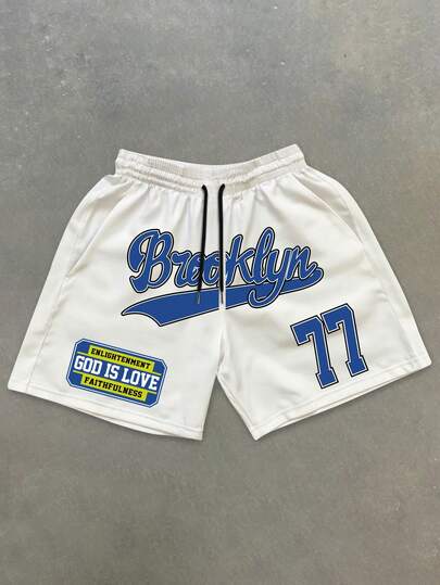 男士纯色字母印花抽绳腰口袋宽松休闲运动短裤