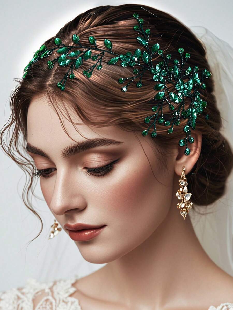 1件手工制作的绿色水晶元素发箍，优雅新娘发饰，个性化礼物