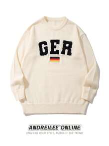 男士休闲宽松版型 GER 字母提花针织衫，圆领长袖套头衫，时尚设计，秋冬款 - 杏色 - 查看 1