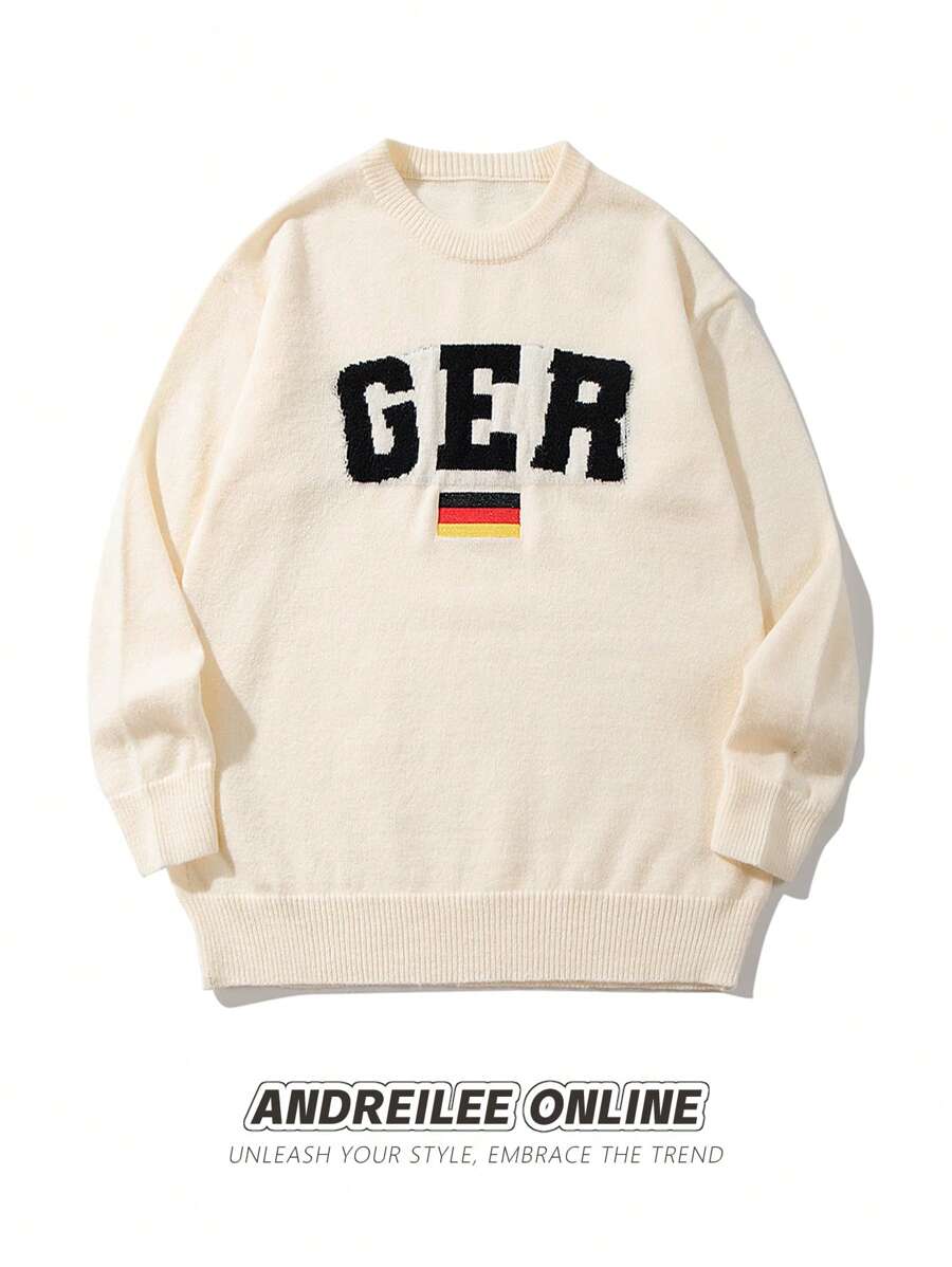 男士休闲宽松版型 GER 字母提花针织衫，圆领长袖套头衫，时尚设计，秋冬款 - 杏色 - 查看 1