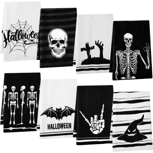 2pcs Halloween Hand Towels 16" X 28'' Black And White Skeleton Towels Microfiber Skull Kitchen Towels Witchy Dish Towels Tea Towels Decorative Bathroom Towels Home Decor Gift