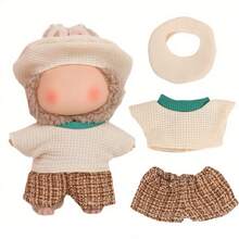 针织复古风格 3 件套服装（帽子、上衣、短裤），适合 6.69 英寸 LBB 娃娃，包括撞色衣领和纹理细节，适合桌面装饰、娃娃展示和玩耍，是送给小女孩的绝佳礼物 - 彩色 - 查看 8