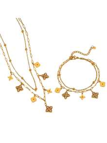 TONSI 1 Set Elegant Charming Personalized Luxury Vintage Western Minimalist Fashionable High-End Stainless Steel Cubic Zirconia 18K Gold Plated Four-Leaf Clover Floral Diamond Jewelry Set, Suitable For Summer, Holidays, Travel, Work, Daily Wear, Parties, Gatherings For Women - Multicolor - View 10