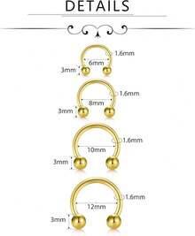 Horseshoe Septum Rings Surgical Steel Nose Piercing Jewelry 6mm-12mm - 16g-6毫米 8毫米 10毫米 12毫米 -金色 - 查看 2