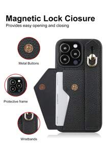 黑色皮革卡包腕带手机壳，兼容苹果 16e/11/12/13/14/17/15 Pro Max、三星 Galaxy S20 Ultra/S21 Plus/S21 Ultra/S22 Plus/S23/S24/S25 Ultra、5A 5G/6 Pro/7/7 Pro/8/8 Pro、索尼 Xperia 1 V/5 V/10 V - 黑色 - 查看 3