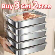 Buy Three Get Two Free 5-Piece Square 304 Stainless Steel Food Container With Lid, Reusable Metal Meal Prep Container For Fruits, Meats, Vegetables | Stackable, Oven/Dishwasher - Bạc - Xem 2