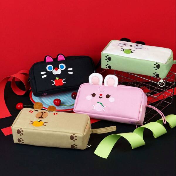 1pc Cute Pet Cartoon Fruit Pattern Double Layer Pencil Case, Large Capacity Makeup Pouch, Minimalist Design, Suitable For Middle/Primary School Students, School Supplies, Back To School