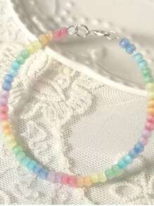 1pc Handmade Rainbow Beaded Bracelet With Cat Eye Stone Accents, Cute Design For Girls (Actual Size May Vary)