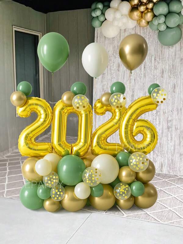44pcs/Set New Year Balloon Decor Kit - Sage Green Gold White Latex Balloons For Christmas NYE Party Supplies, Includes Matte Sage Green/Metallic Gold/White Balloons, Gold Glitter Transparent Balloons, 2026 Foil Number Balloon, With Free Glue Dots & Ribbons For DIY Holiday Room Decor, Wedding, Birthday, Instagrammable Photo Backdrops