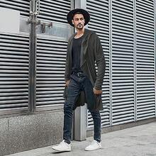 Men's Long Hooded Cardigan Ruffle Shawl Collar Drape Cape Overcoat Asymmetric Hem Open Front Hooded Cardigan - Grey - View 5