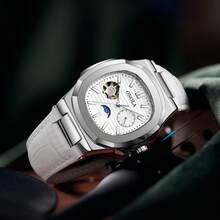 ONOLA 3855 简约时尚风格男士自动机械表商务休闲风格，带有太阳、月亮和星星图案，皮革表带 - 送给他一份时尚的礼物，奢华手表 | 时尚金属饰面 - A - 查看 5