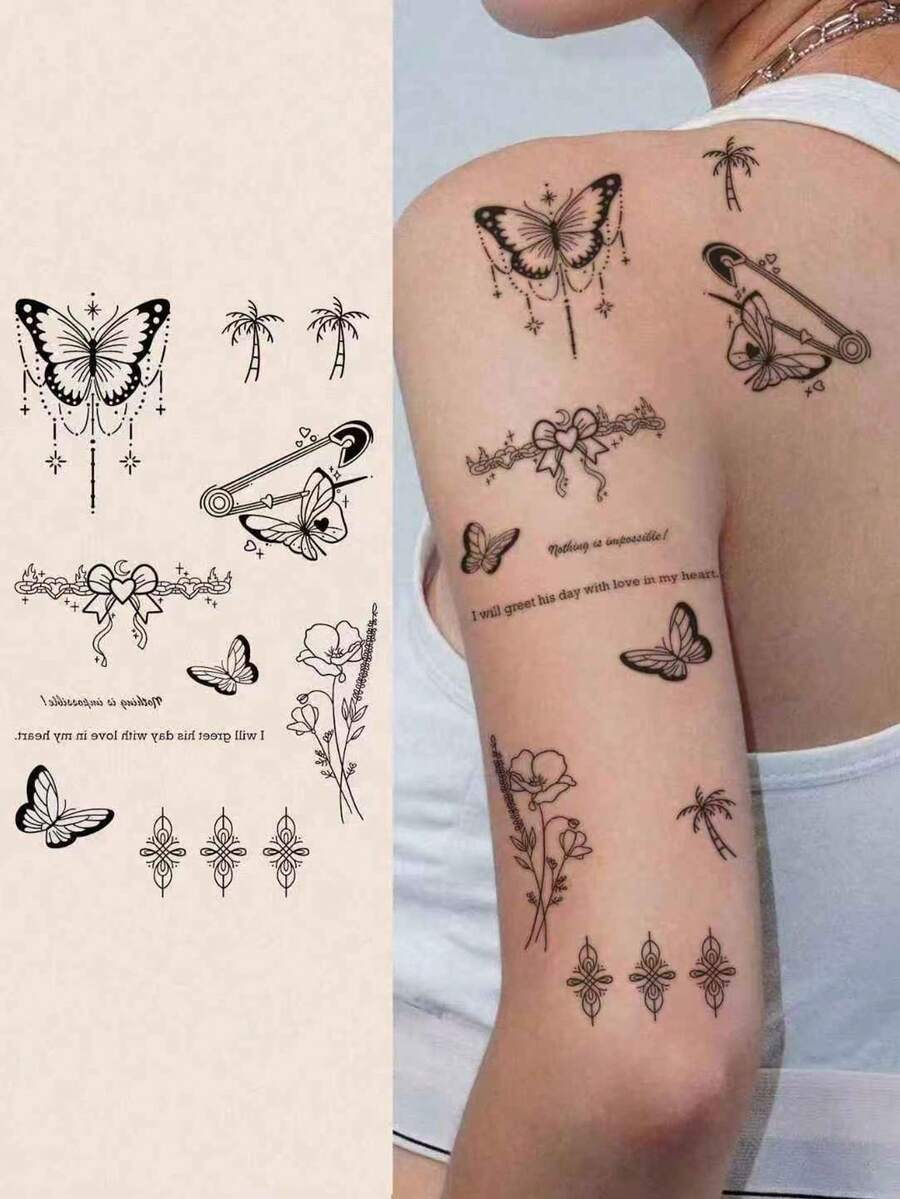 1pc Juice Semi-Permanent Magical Tattoo Sticker With Butterfly, Tassel, Floral, Palm Tree Patterns, Holiday Gift, 7-14 Days Waterproof, Non-Reflective Temporary Tattoo Sticker For Finger, Ear, Shoulder, Neck, Collarbone, Body - Blue - View 1
