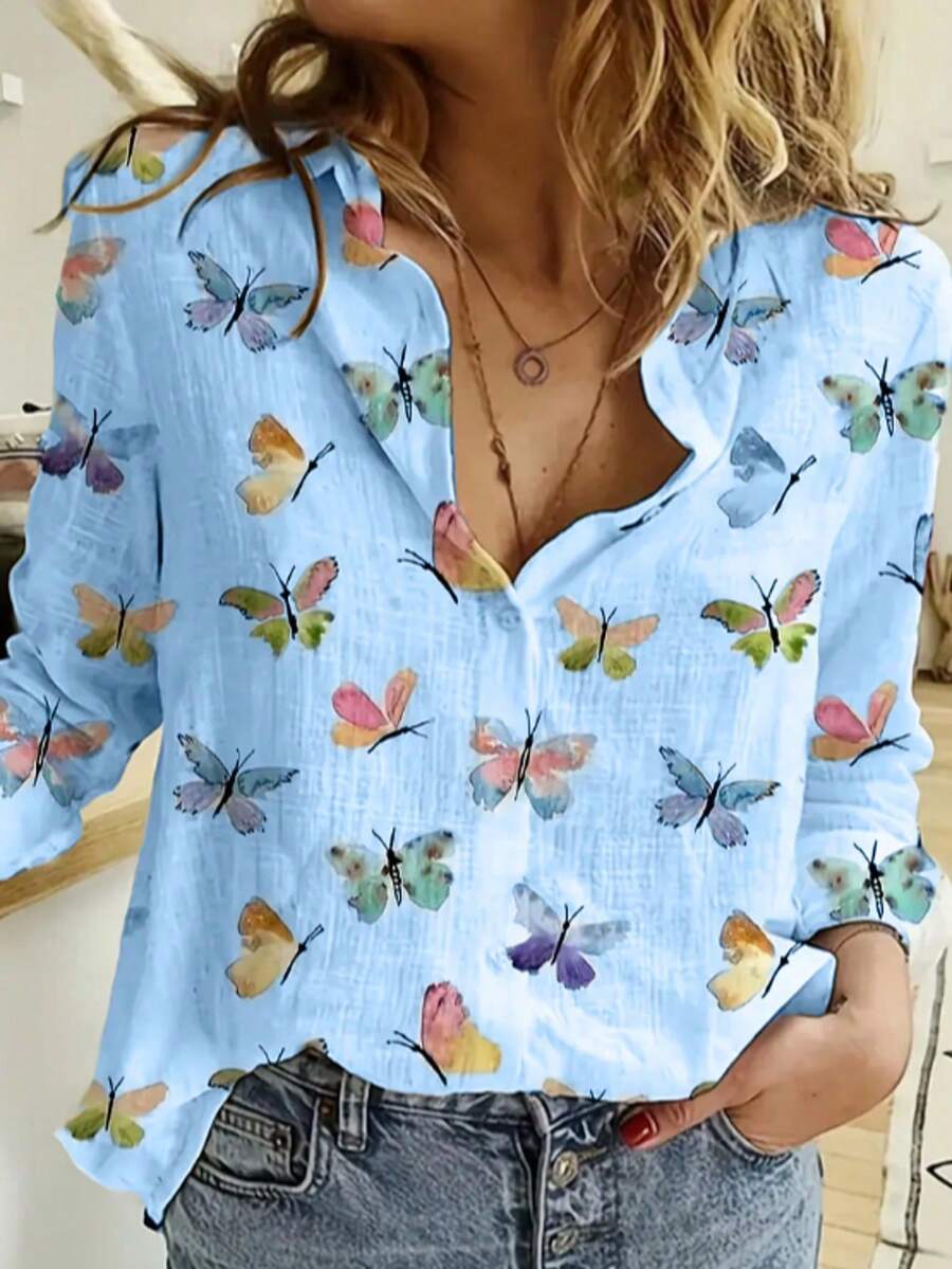 Camisa elegante de manga larga con estampado de mariposas para mujer,Camisas de mujer,Top informal de manga larga con botones - Azul - Ver 1