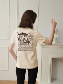 女装夏季新款简约日常鲸鱼海洋生物和口号印花休闲度假风圆领杏色短袖T恤时尚百搭上衣适合日常度假穿着