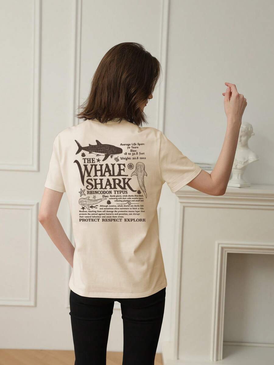 女装夏季新款简约日常鲸鱼海洋生物和口号印花休闲度假风圆领杏色短袖T恤时尚百搭上衣适合日常度假穿着