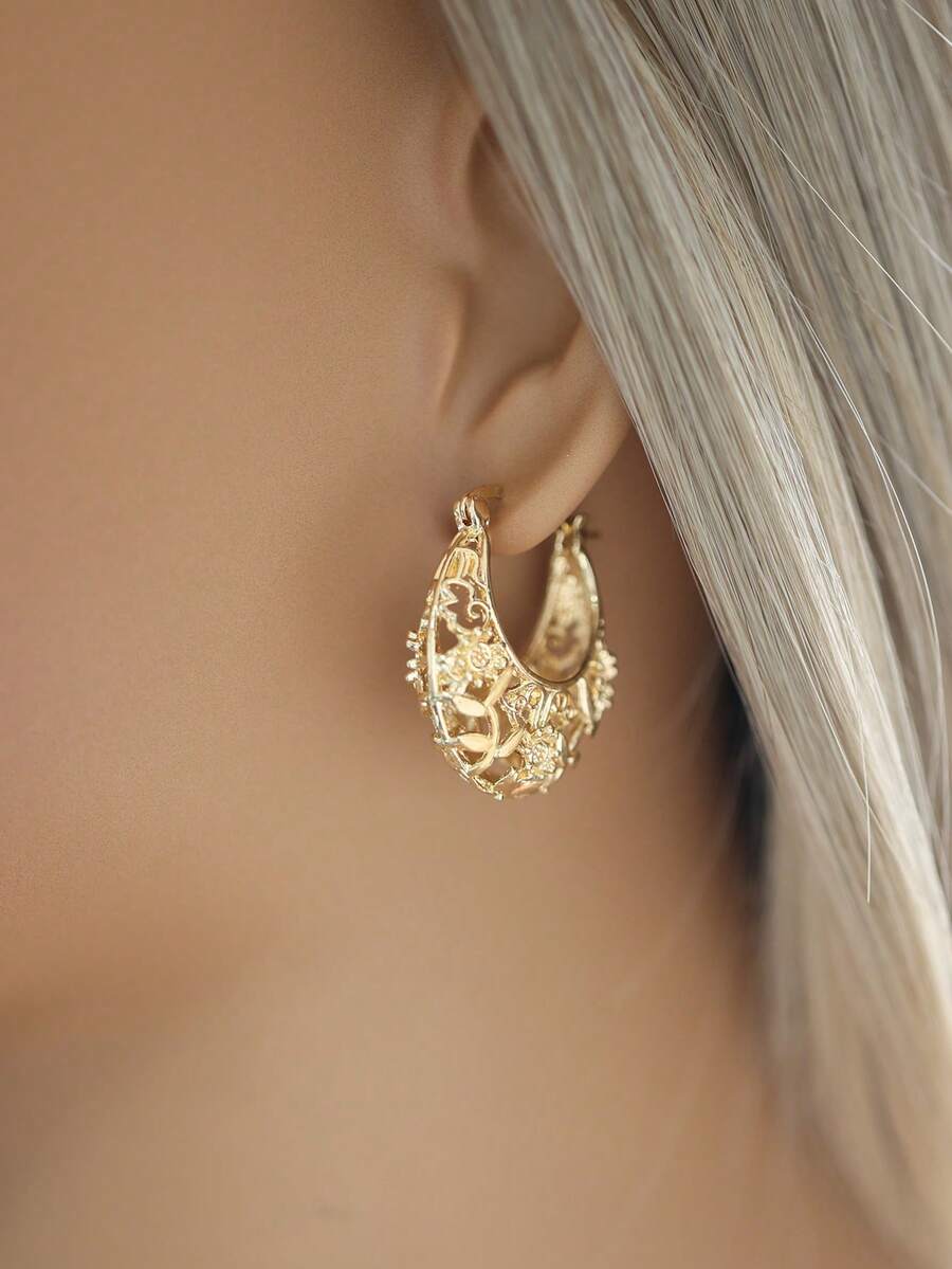 Bohemian Style Hollow Metal Asymmetrical Earrings, Minimalist Round Hook Design With Rose Gold Accents, Suitable For Formal Events, Casual Wear Or As A Gift, Fashion Earrings | Elegant Earrings | Anniversary Gift, Earrings For Loved Ones, Suitable For Teenagers - Gold - View 1